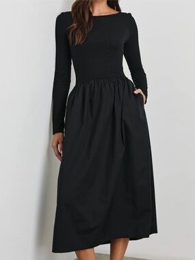 Rails Amberly Long Sleeve Midi Dress in Black Pockets Stretchy LBD Medium